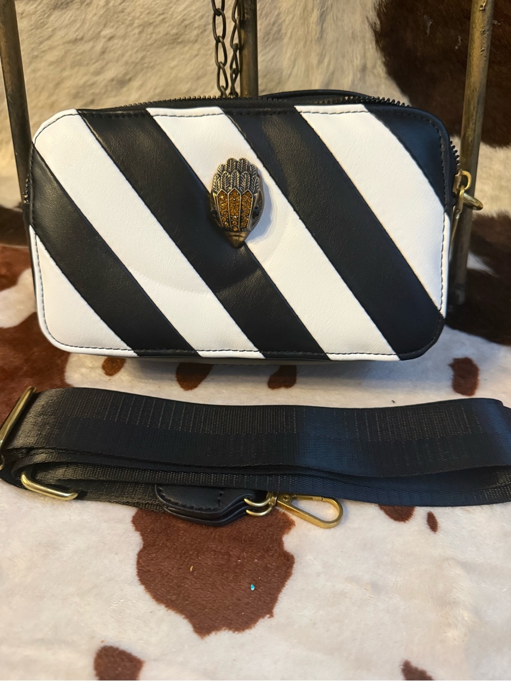 Kurt Geiger Black & White Diagonal Stripe Crossbody with Gold Emblem Accent